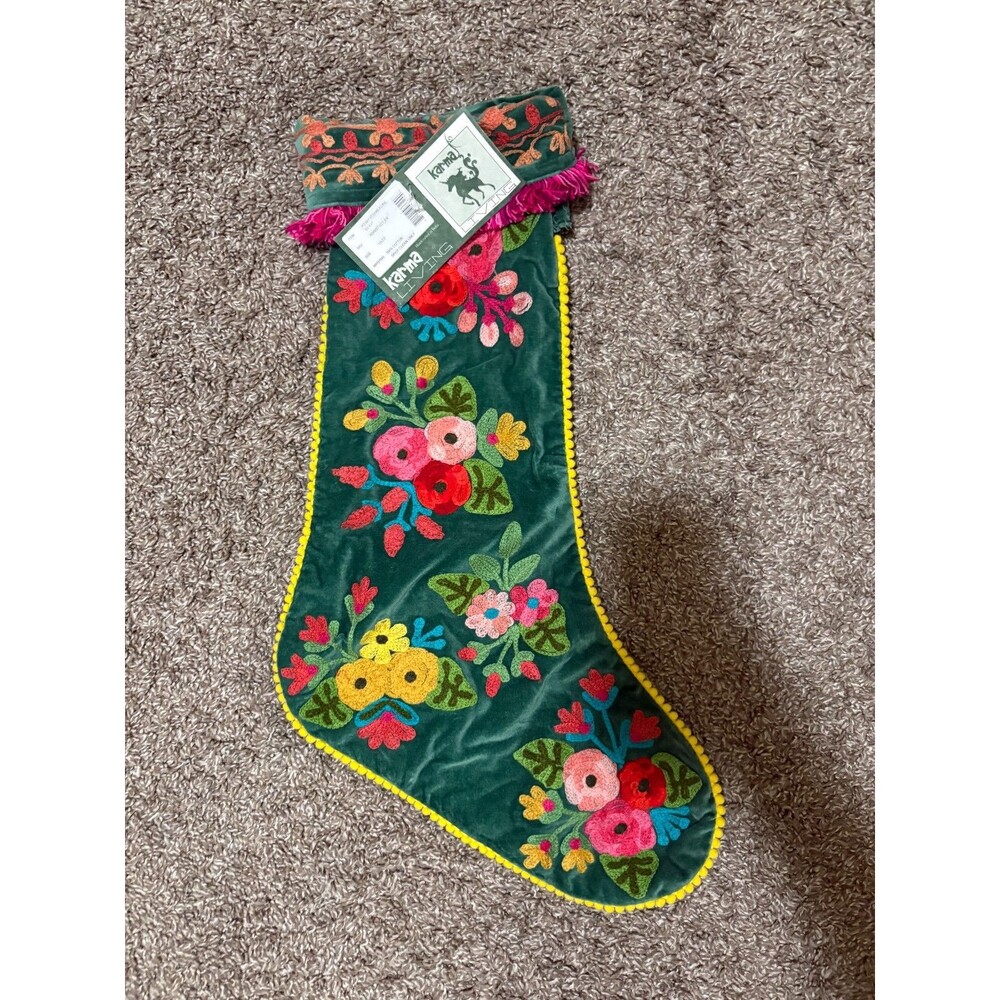 Karma Living Floral Holiday Stocking 12x23 Embroidered Velvet Pink Fringe India